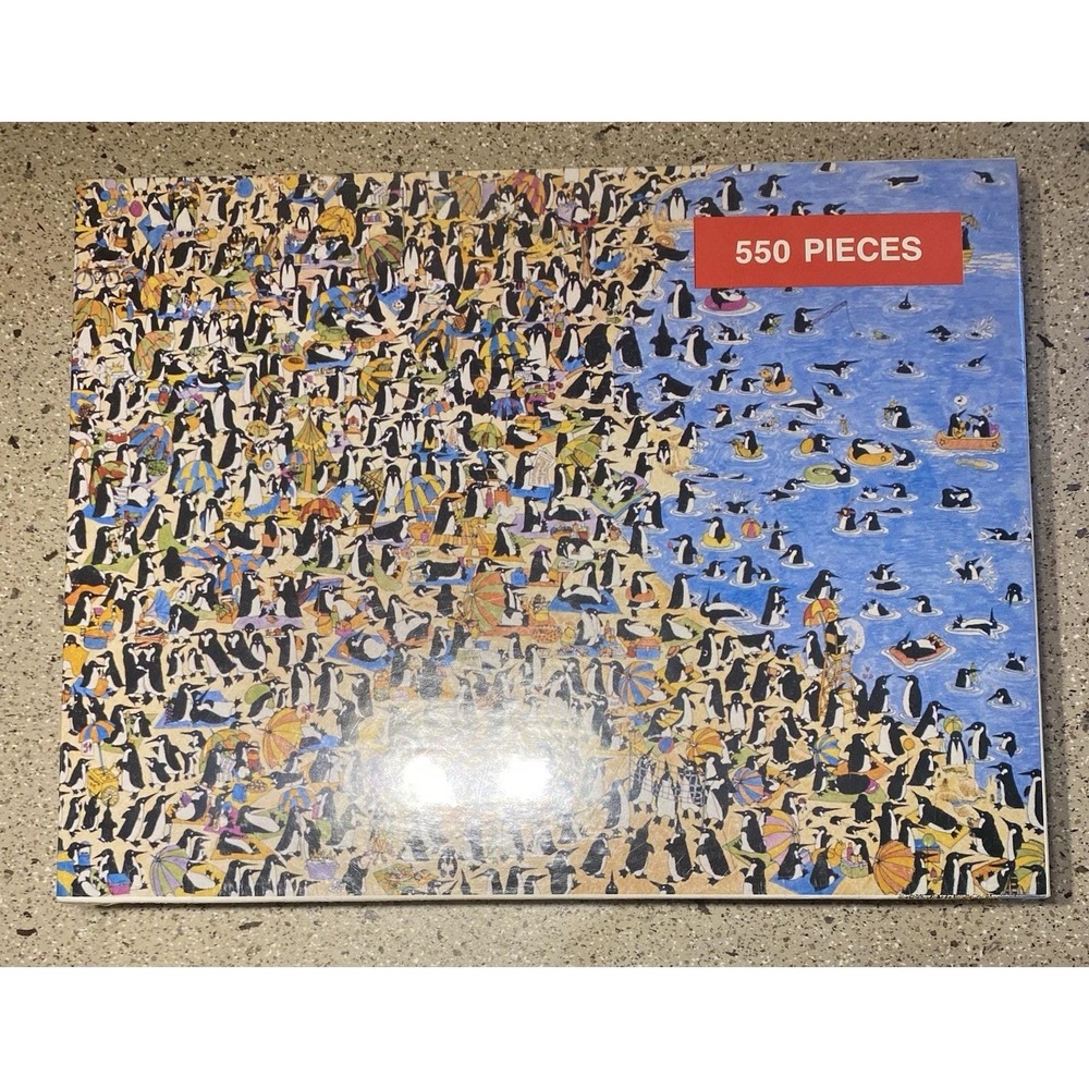 Vintage 1985 puzzle, titled "Penguins at the Beach," 550 pc. #988, Brand New